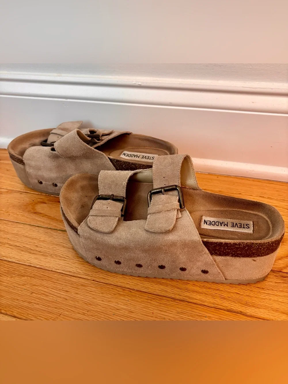 Steve Madden KALI Platform Sandals Taupe Suede Double Buckle Womens 7